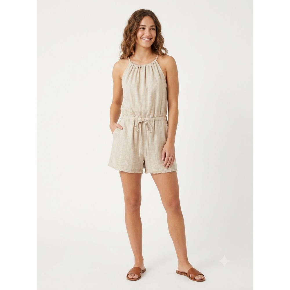 NWT Fate Natural Fiber Romper Womens S Beige Linen Blend Halter Neck Drawstring